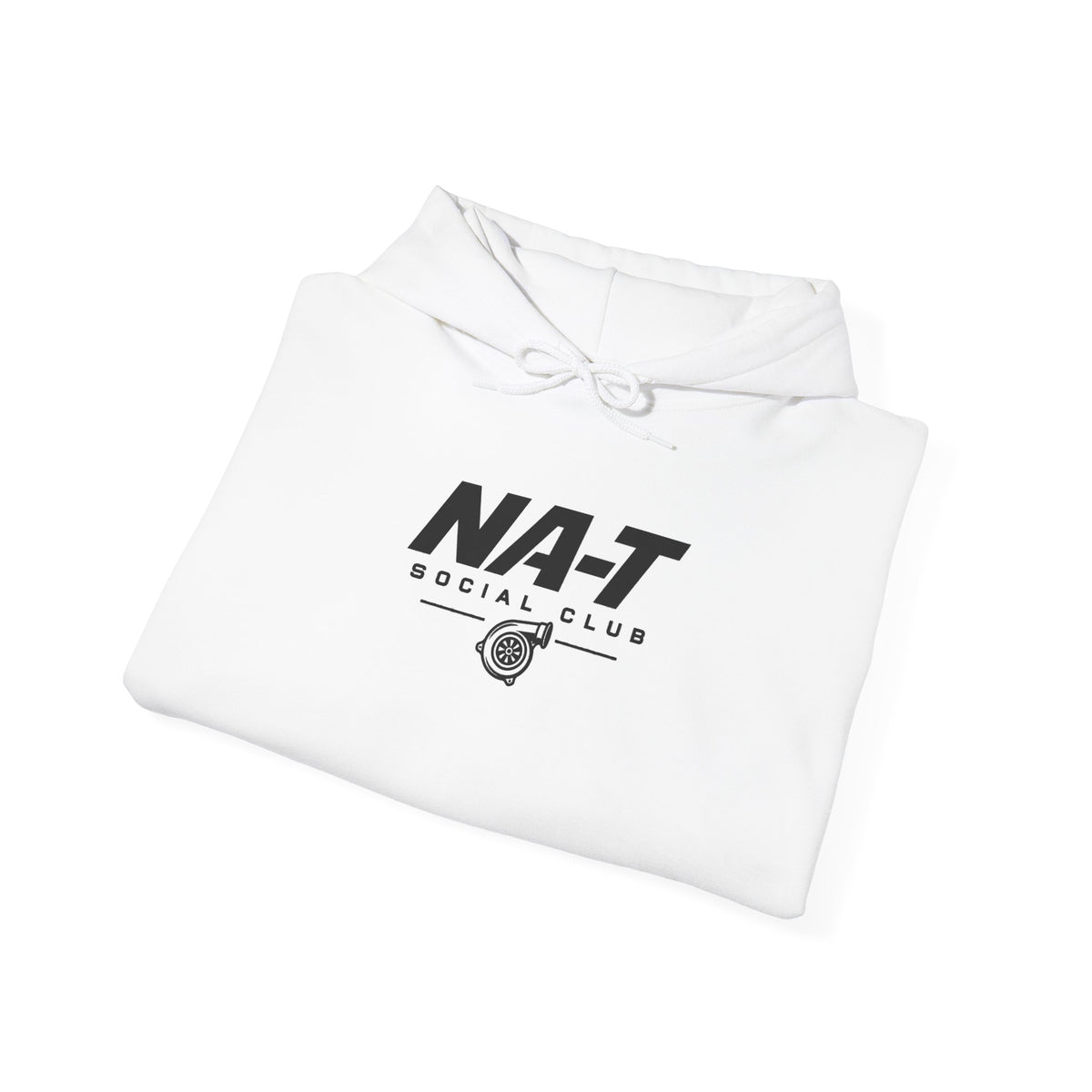White NA-T Social Club hoodie with front logo print and drawstring hood.