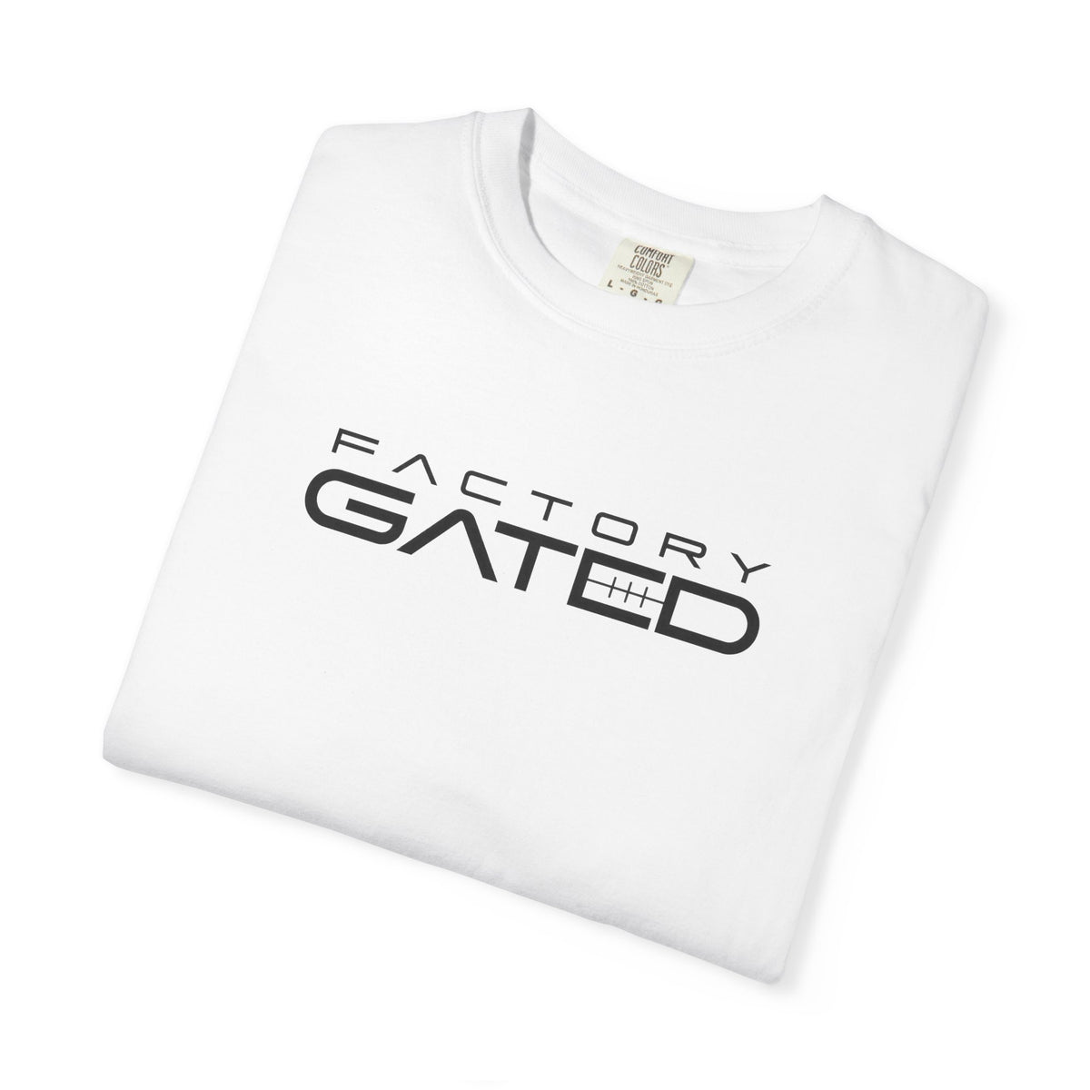 White crewneck T-shirt with Factory Gated logo graphic on front
