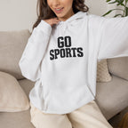 White hoodie with drawstring hood and “GO SPORTS” logo on the front
