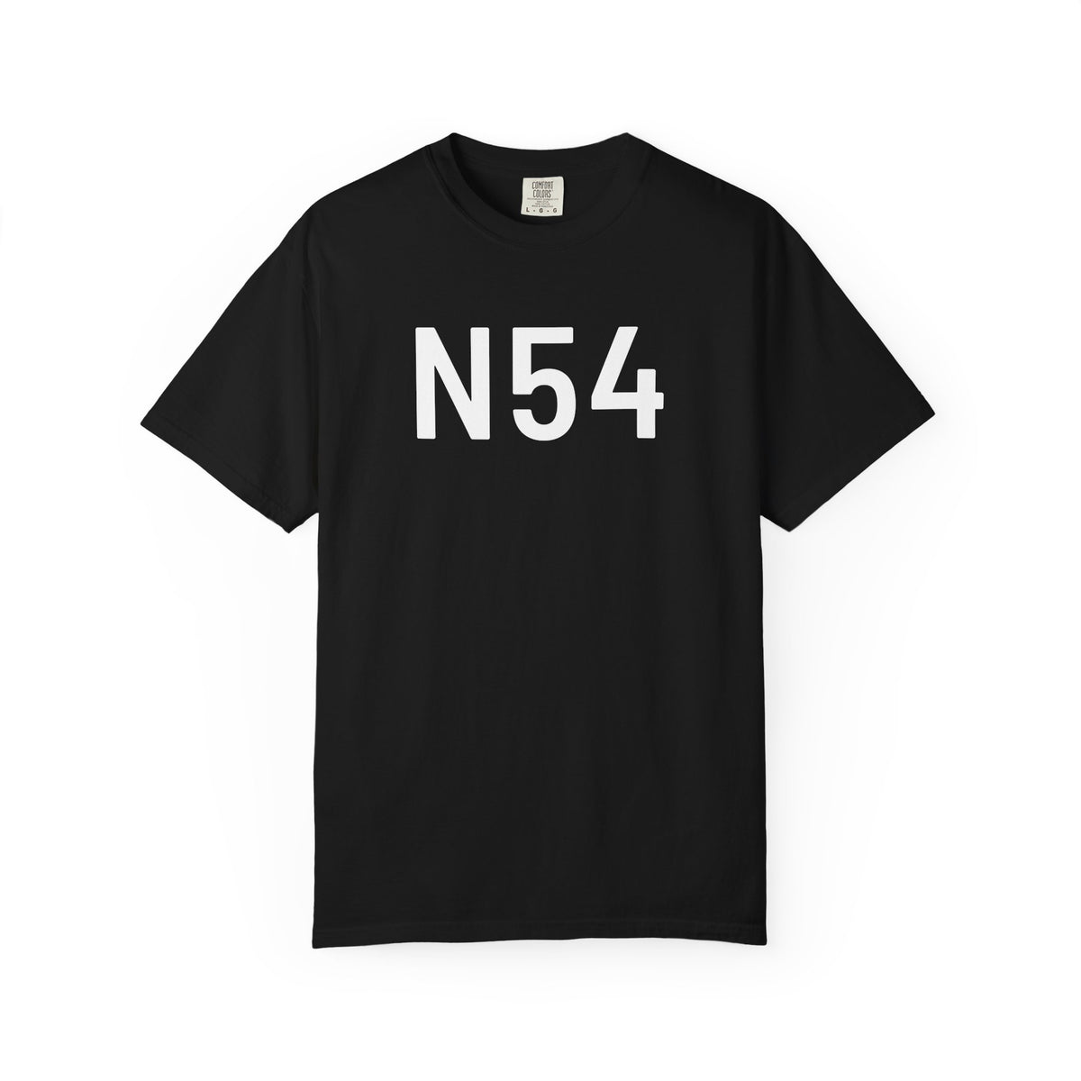 Black crew-neck T-shirt with bold white “N54” graphic on the front