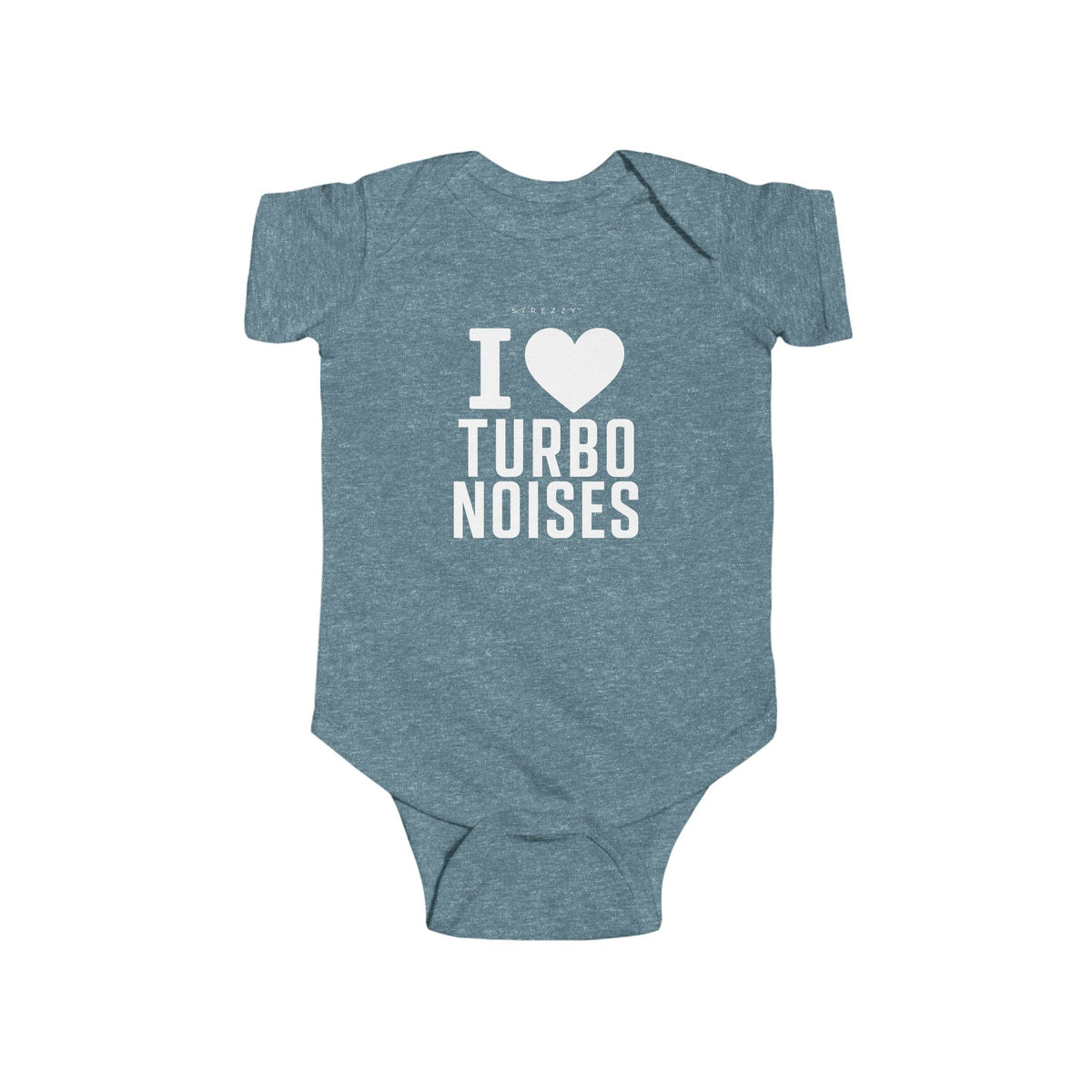 Heather blue baby bodysuit with I heart Turbo Noises graphic