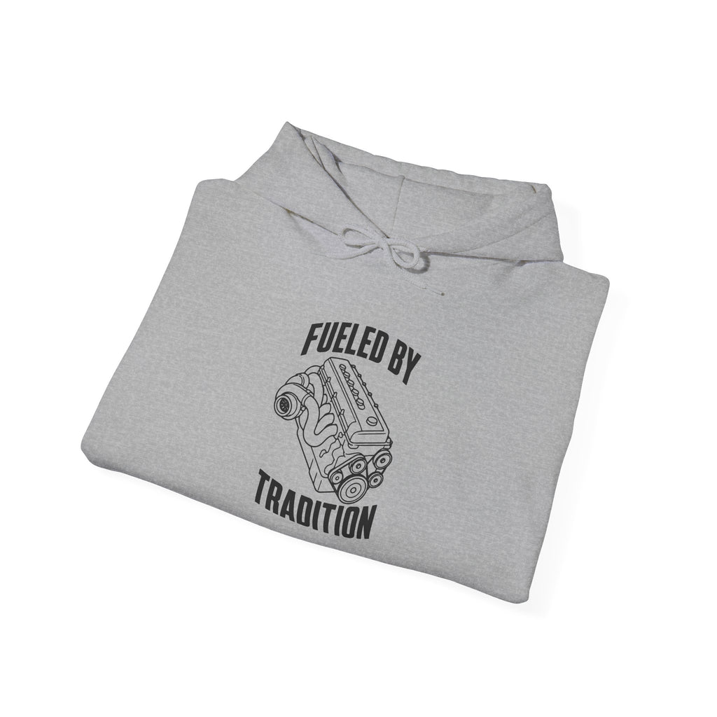 Sport grey hoodie with drawstring hood and 'Fueled by Tradition' inline six engine graphic