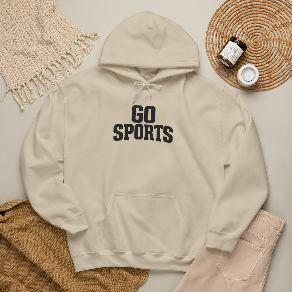 Sand Go Sports hoodie with drawstring hood, front pocket, and chest logo