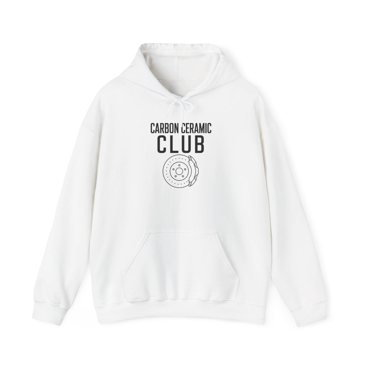 White hoodie with kangaroo pocket, drawstring hood, and front graphic print.