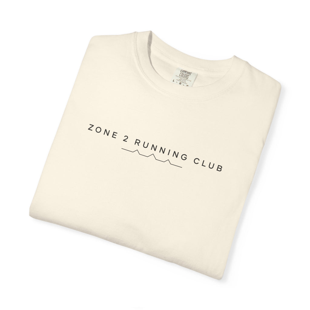 Ivory crewneck T-shirt with arched “ZONE 2 RUNNING CLUB” chest graphic