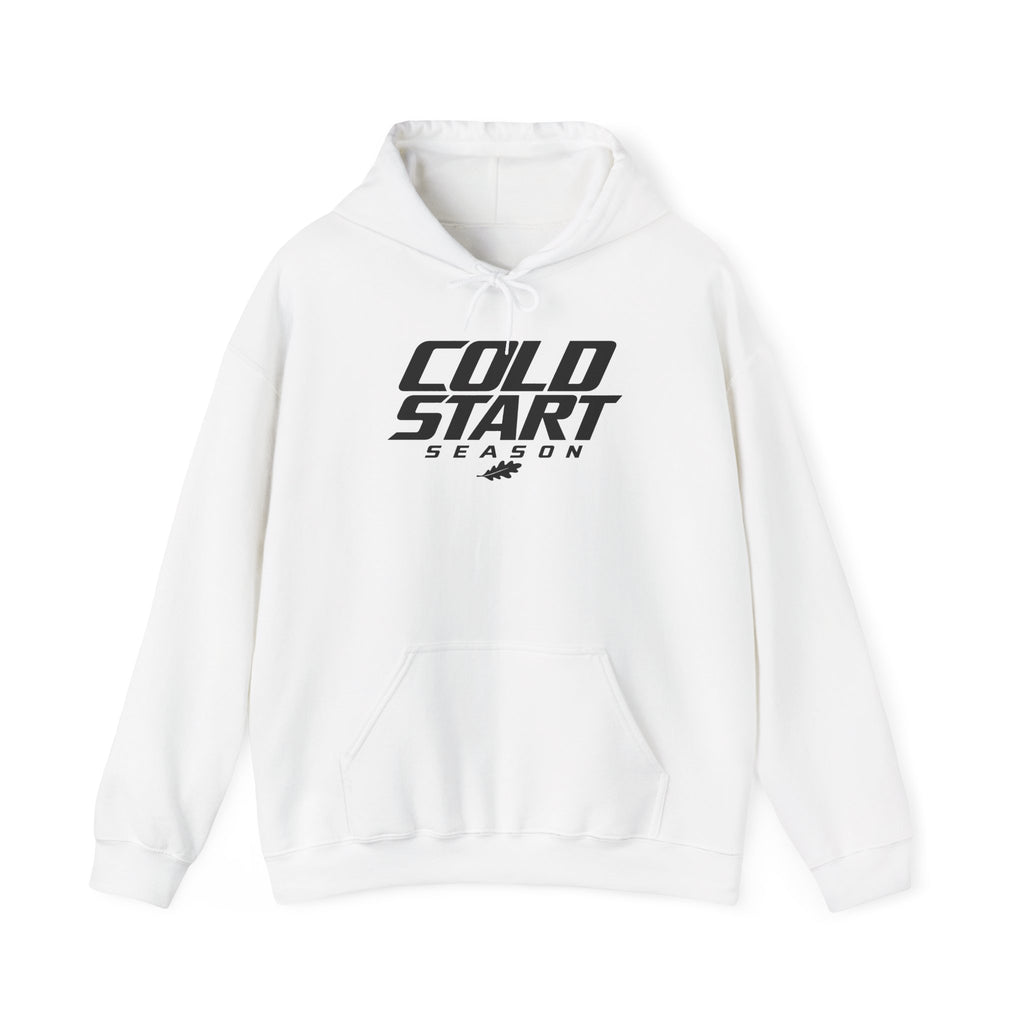 White pullover hoodie with Cold Start Season logo and drawstring hood