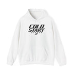 White pullover hoodie with Cold Start Season logo and drawstring hood