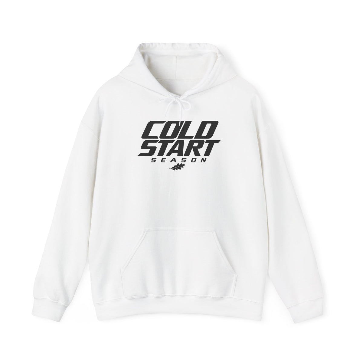 White pullover hoodie with Cold Start Season logo and drawstring hood