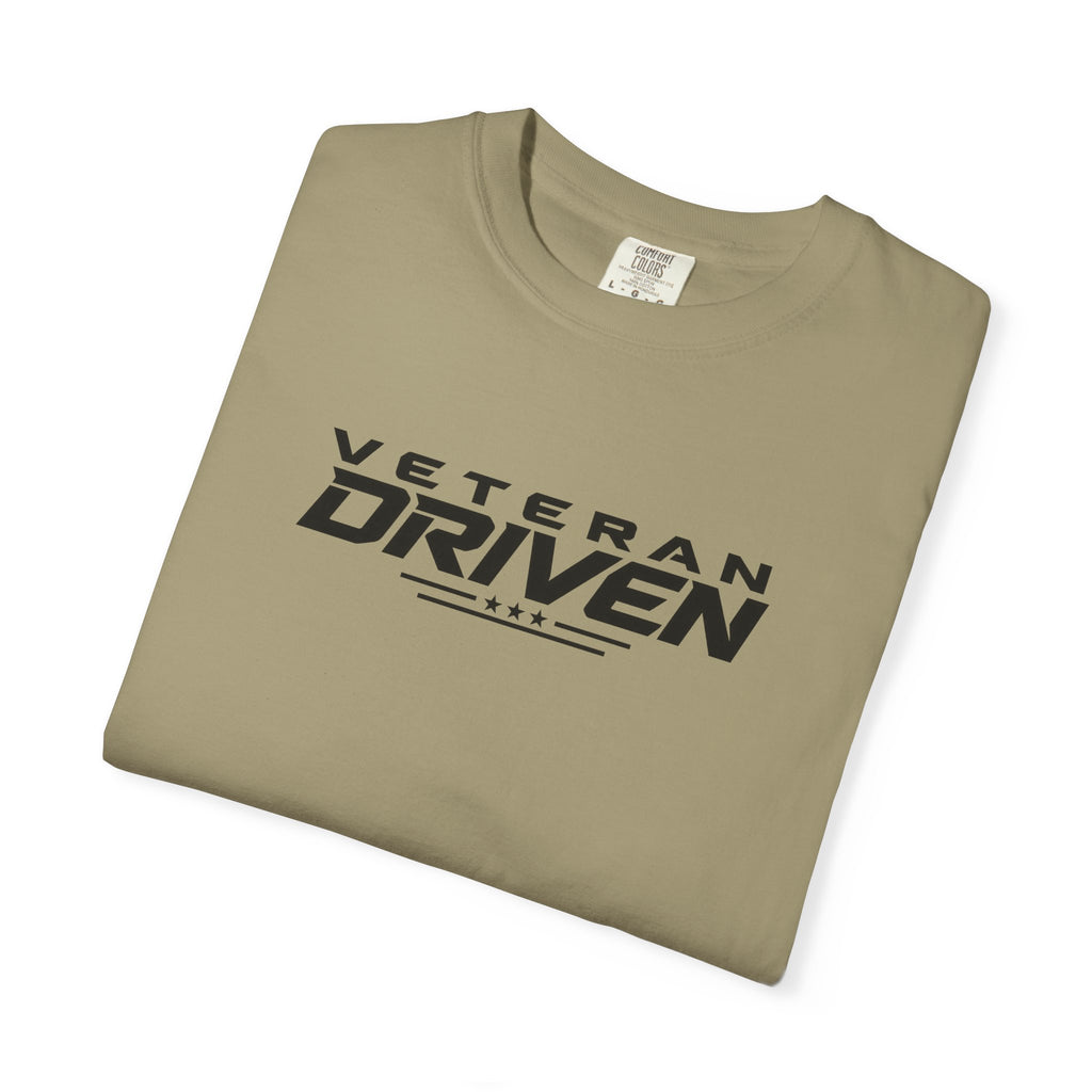 Khaki crew-neck T-shirt with "VETERAN DRIVEN" logo graphic