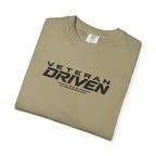 Khaki crew-neck T-shirt with "VETERAN DRIVEN" logo graphic