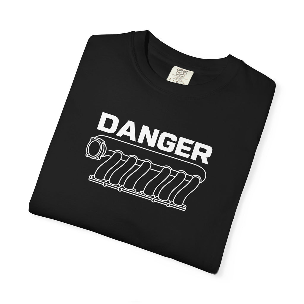 Black crewneck T-shirt with large "DANGER" intake manifold graphic