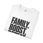 White graphic slogan T-shirt, close angled view of the stacked chest text