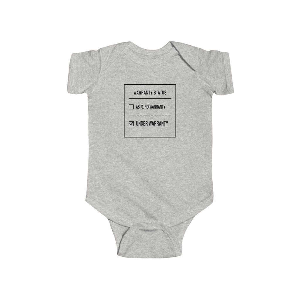 Heather gray baby bodysuit with front “Warranty Status” graphic
