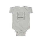 Heather gray baby bodysuit with front “Warranty Status” graphic