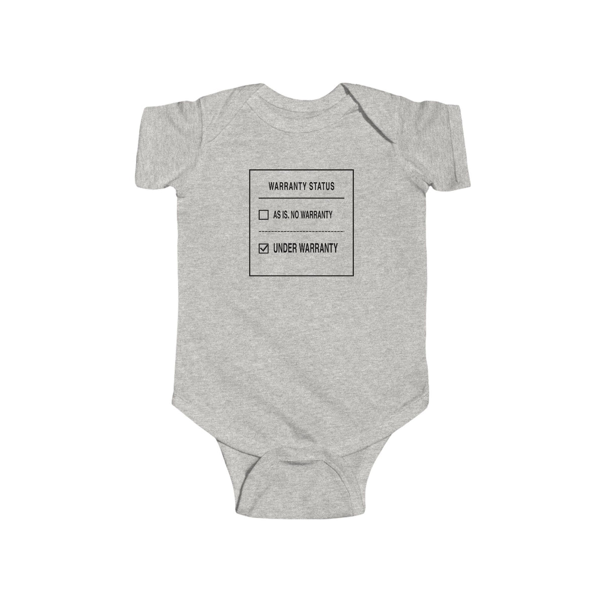 Heather gray baby bodysuit with front “Warranty Status” graphic