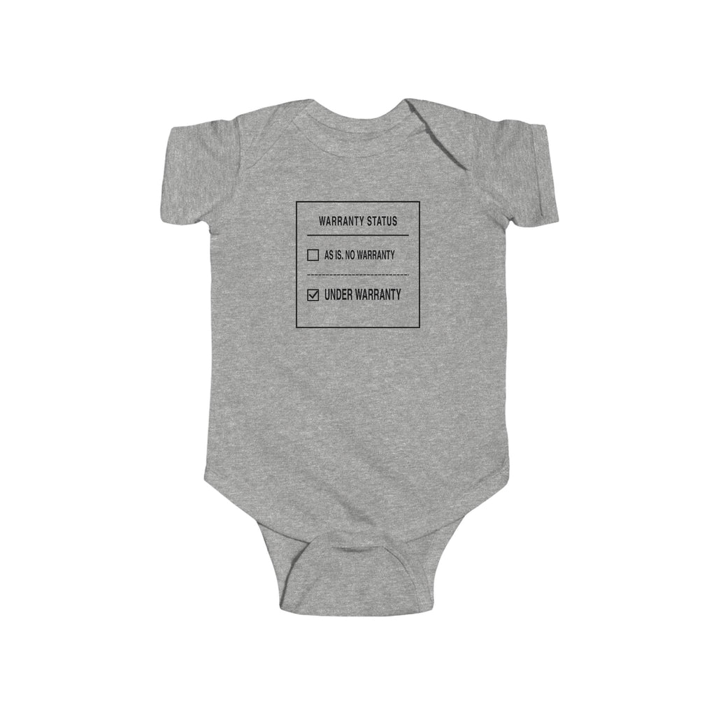 Gray baby bodysuit with front “Warranty Status” graphic