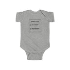 Gray baby bodysuit with front “Warranty Status” graphic