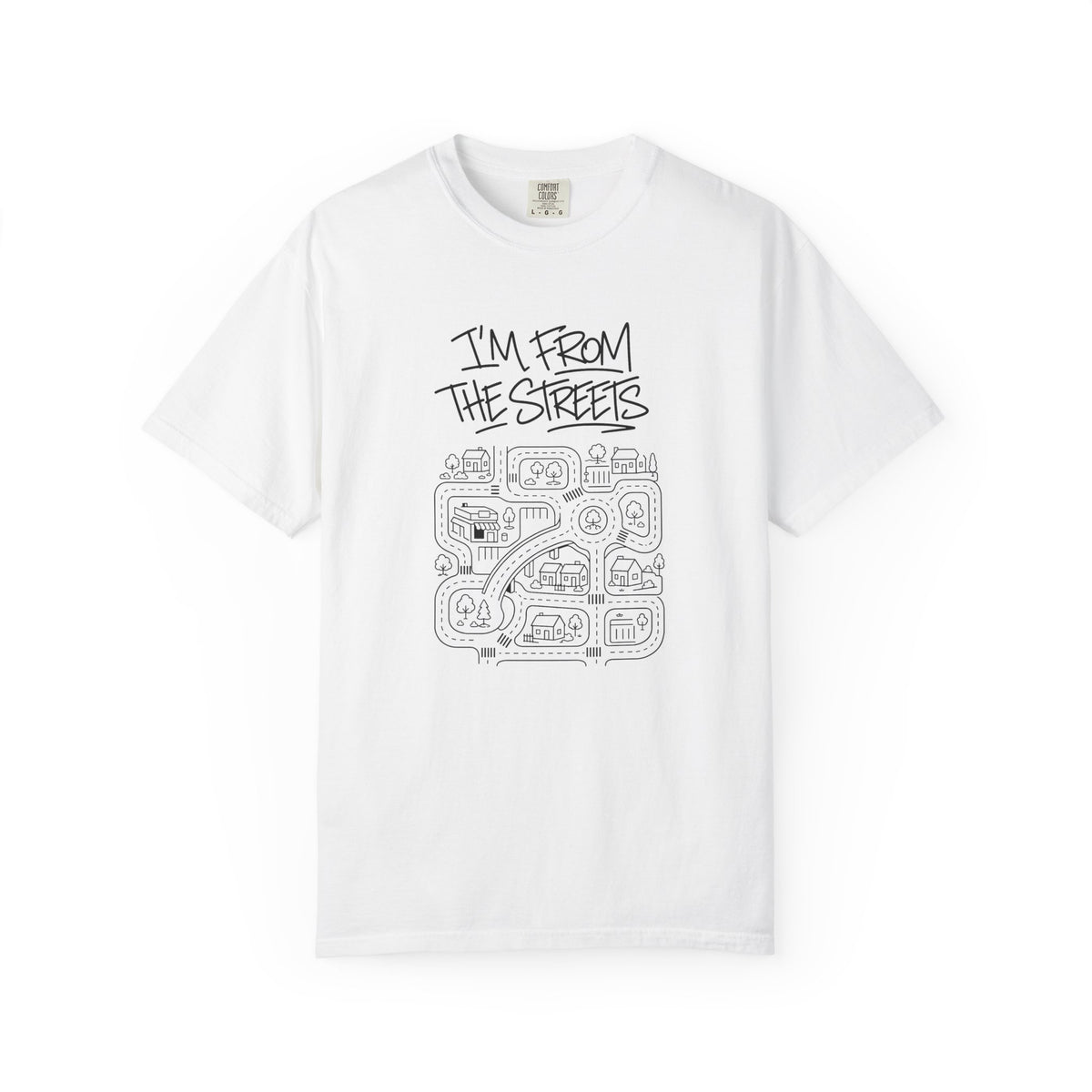 White crewneck graphic T-shirt with "I'm From The Streets" map illustration