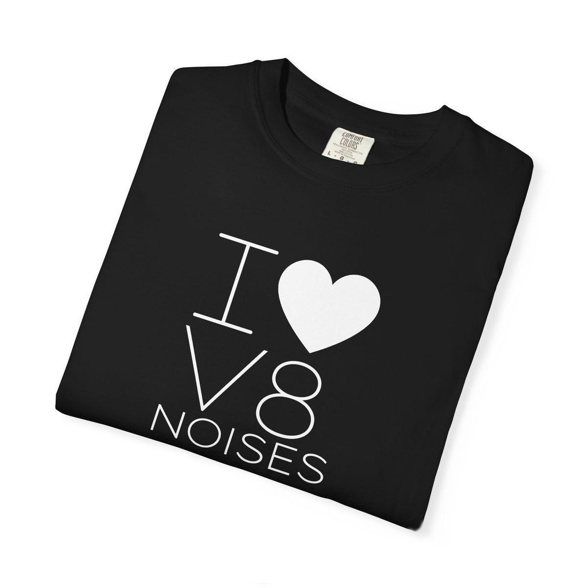 Black crewneck T-shirt with diagonal 'V8 NOISES' heart graphic