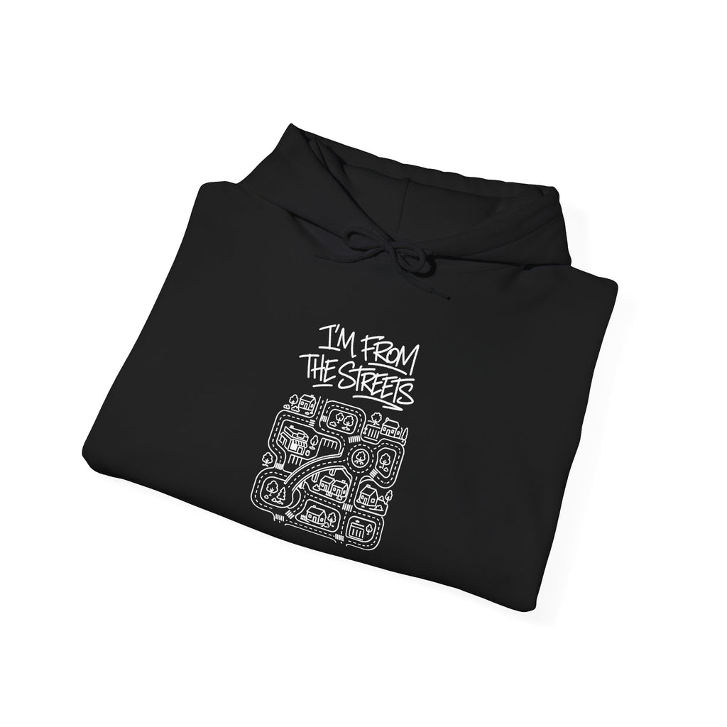 Black map graphic hoodie, folded front with hood drawstrings