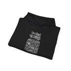 Black map graphic hoodie, folded front with hood drawstrings