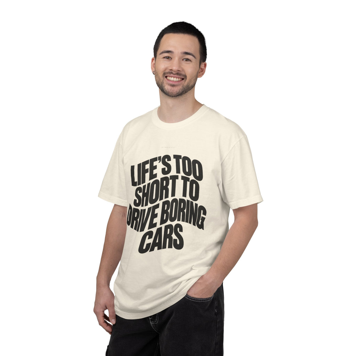 Ivory crewneck T-shirt with large black quote graphic on front
