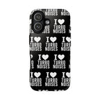 Glossy black phone case with white "I ♥ turbo noises" typography and heart icons