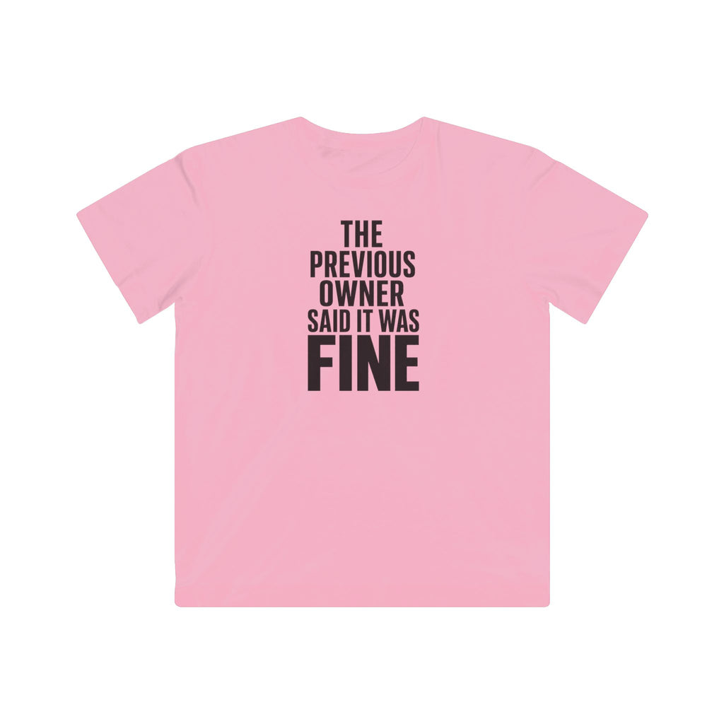 Kids graphic T-shirt, pink with 'FINE' slogan text print