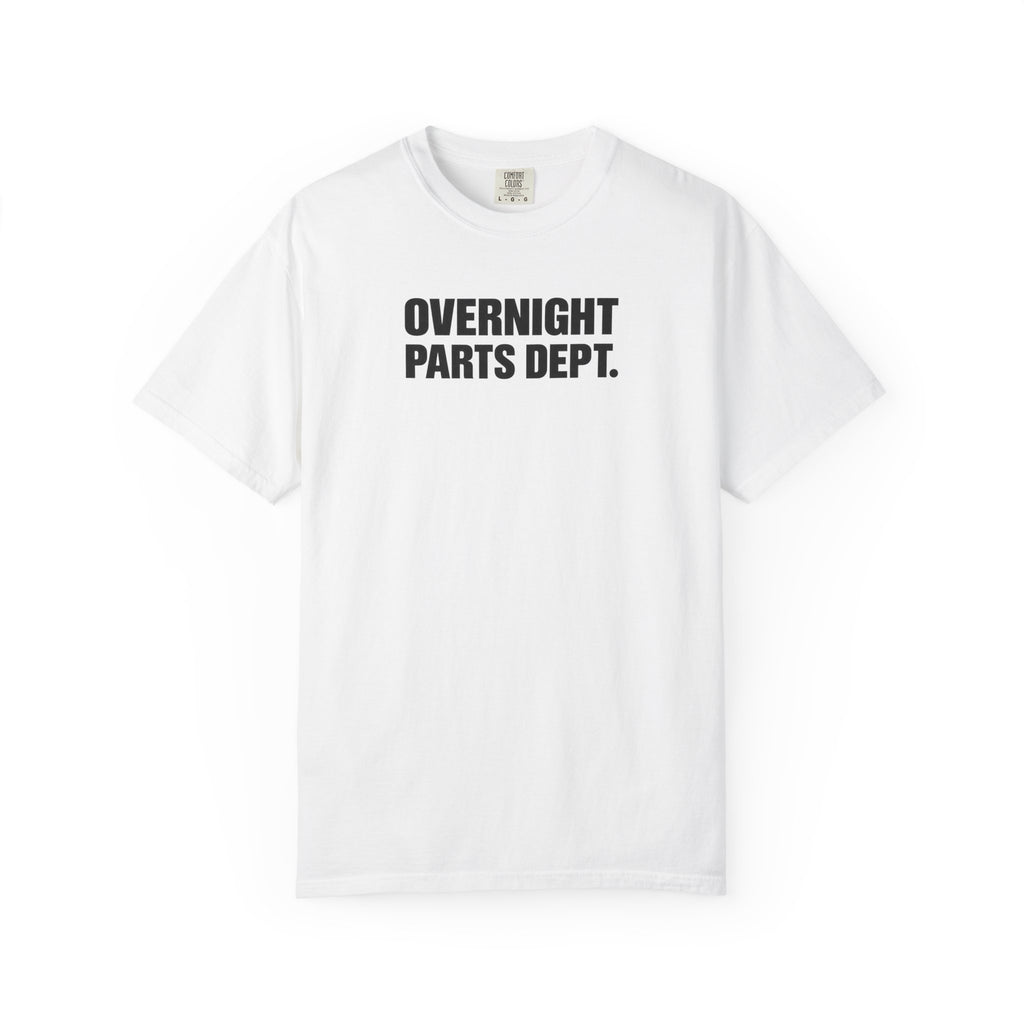 White crew-neck T-shirt with bold "OVERNIGHT PARTS DEPT." logo on the front