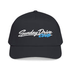 Black baseball cap with embroidered Sunday Drive Club logo on front