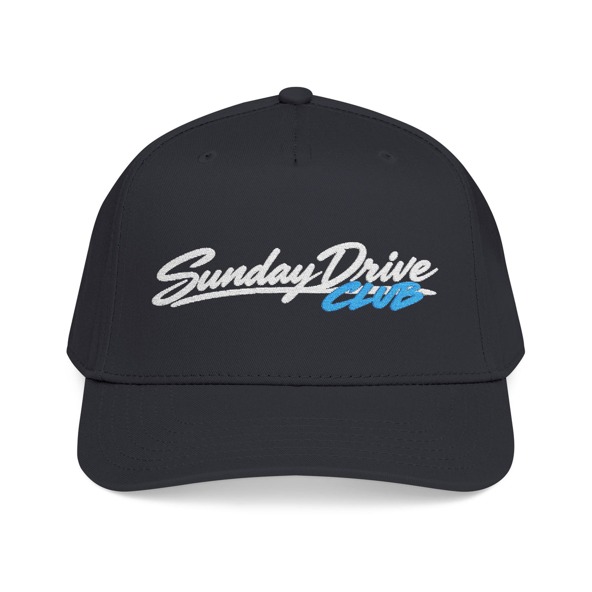 Black baseball cap with embroidered Sunday Drive Club logo on front