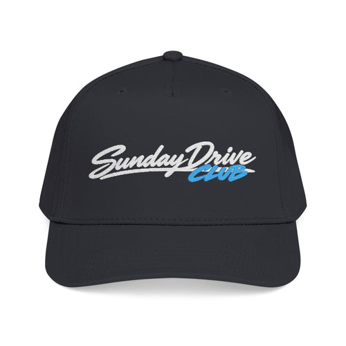 Black baseball cap with embroidered Sunday Drive Club logo on front