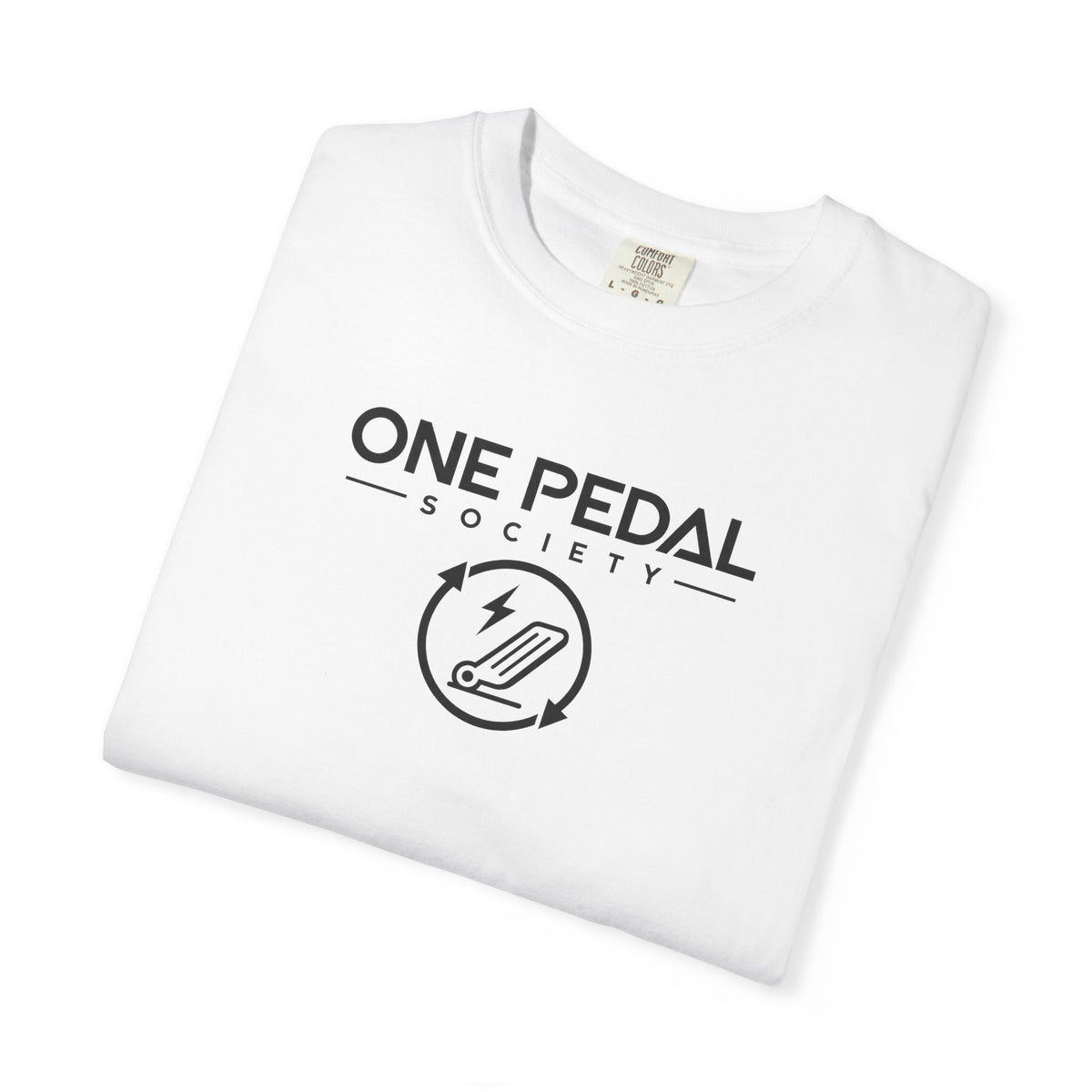 White EV T-shirt with large front One Pedal Society logo print