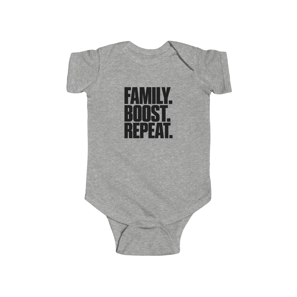 Heather gray baby bodysuit with front "Family. Boost. Repeat." graphic