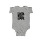 Heather gray baby bodysuit with front "Family. Boost. Repeat." graphic