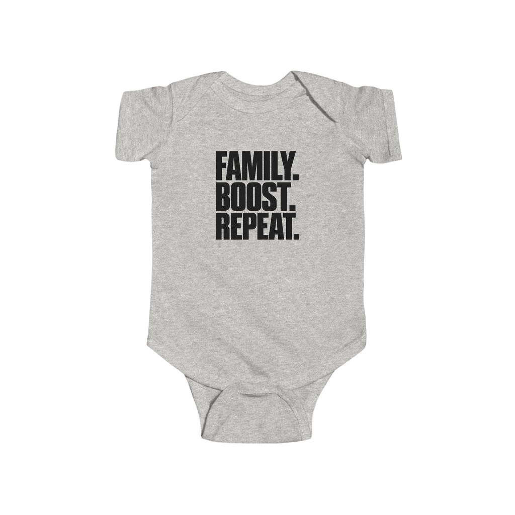 Heather gray baby bodysuit with front "Family. Boost. Repeat." print