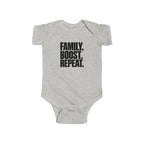 Heather gray baby bodysuit with front "Family. Boost. Repeat." print