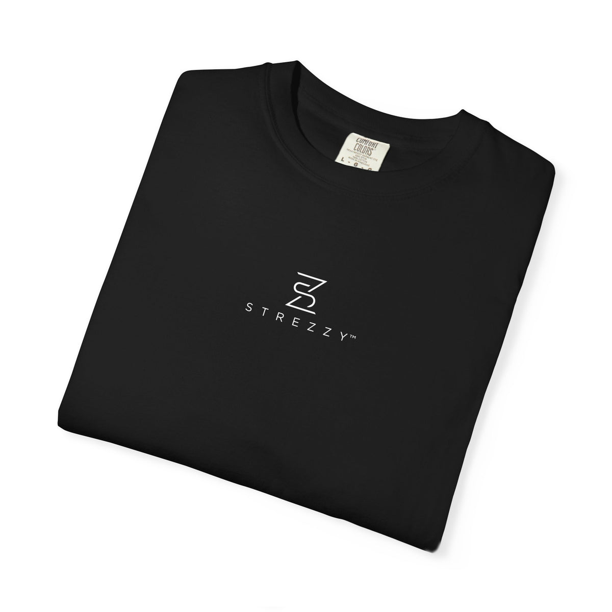 Black crew-neck T-shirt folded flat with Strezzy double logo and neck label