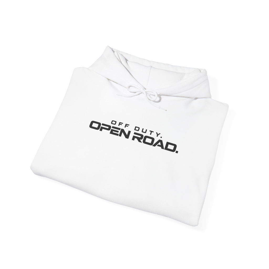 White hoodie with front pocket and drawstring hood, Off Duty Open Road logo