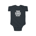 Dark navy baby bodysuit with 'Proud Service History' chest graphic