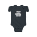 Dark navy baby bodysuit with 'Proud Service History' chest graphic