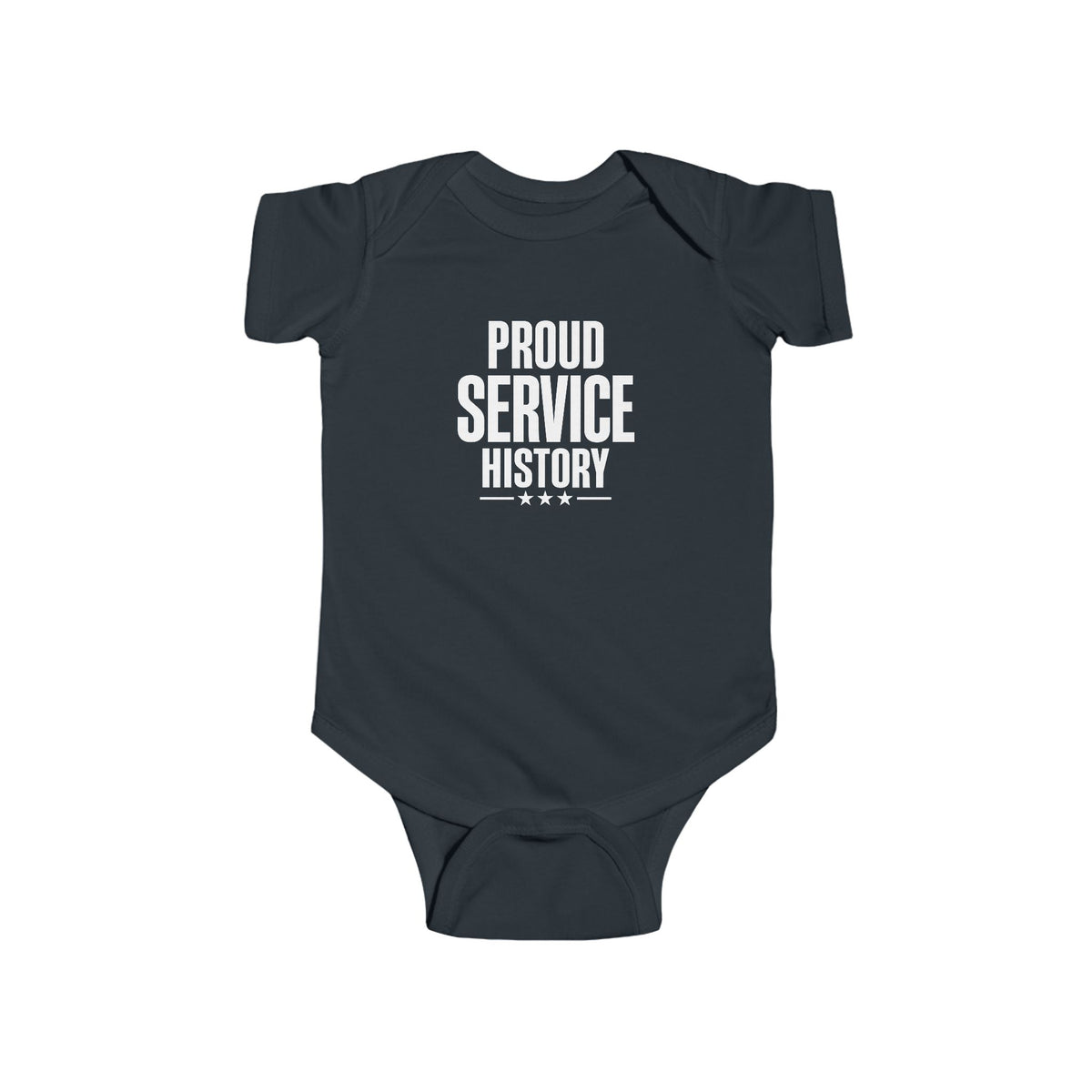 Dark navy baby bodysuit with 'Proud Service History' chest graphic