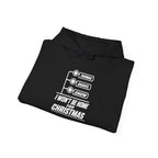 Black pullover hoodie with chest graphic "I won't be home for Christmas"
