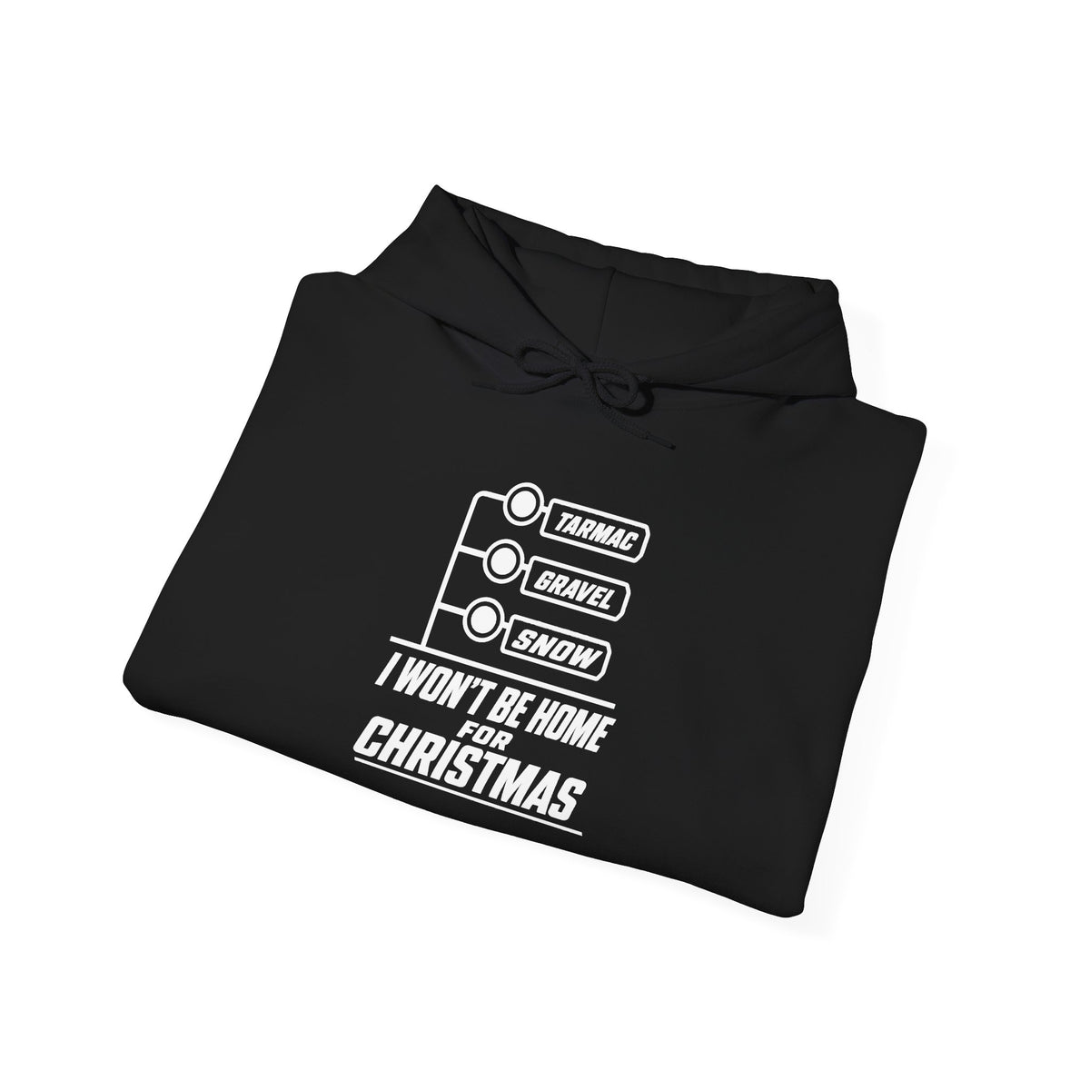 Black pullover hoodie with chest graphic "I won't be home for Christmas"