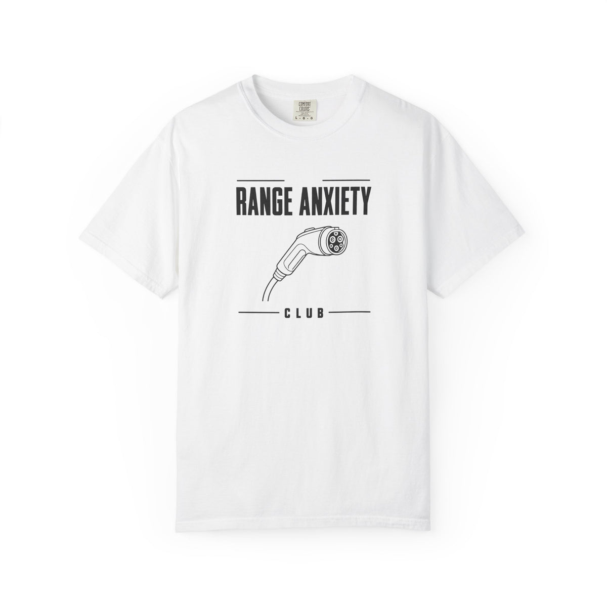 White crew-neck T-shirt with 'RANGE ANXIETY CLUB' graphic and charging cable print