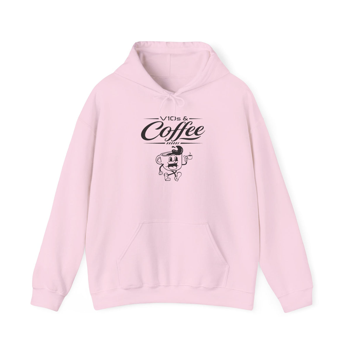 Light pink hoodie with front pocket and V10s & Coffee logo with cartoon character