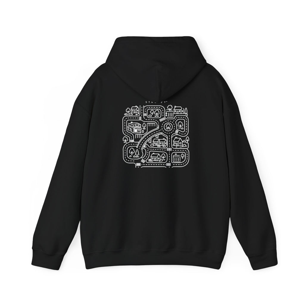 Black hoodie back view with hood and centered street-map graphic
