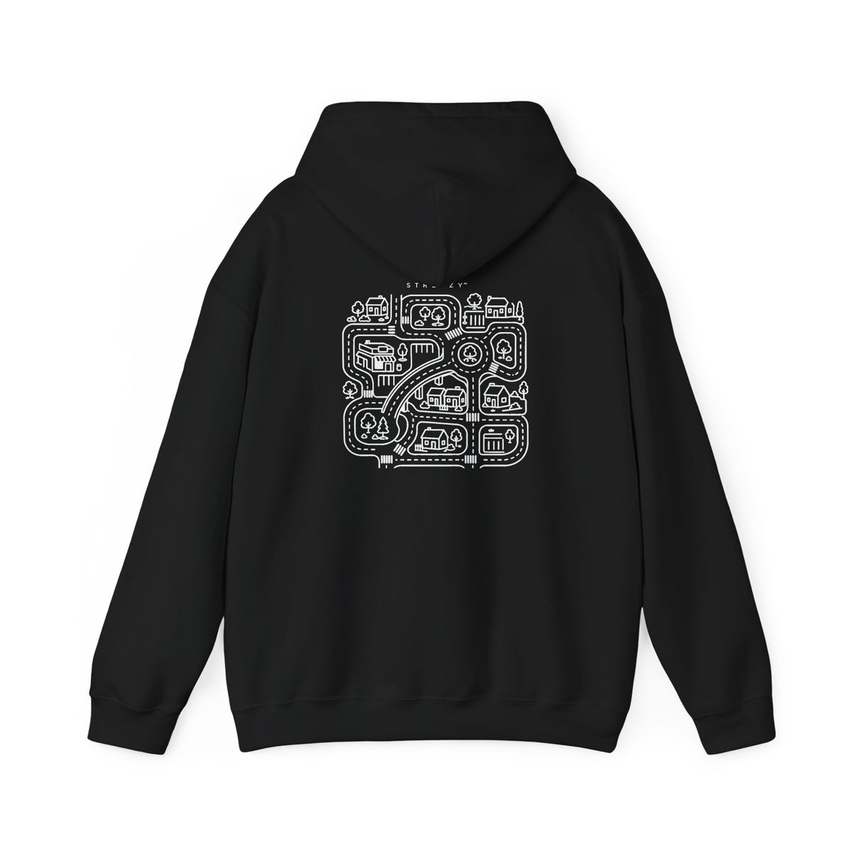 Black hoodie back view with hood and centered street-map graphic