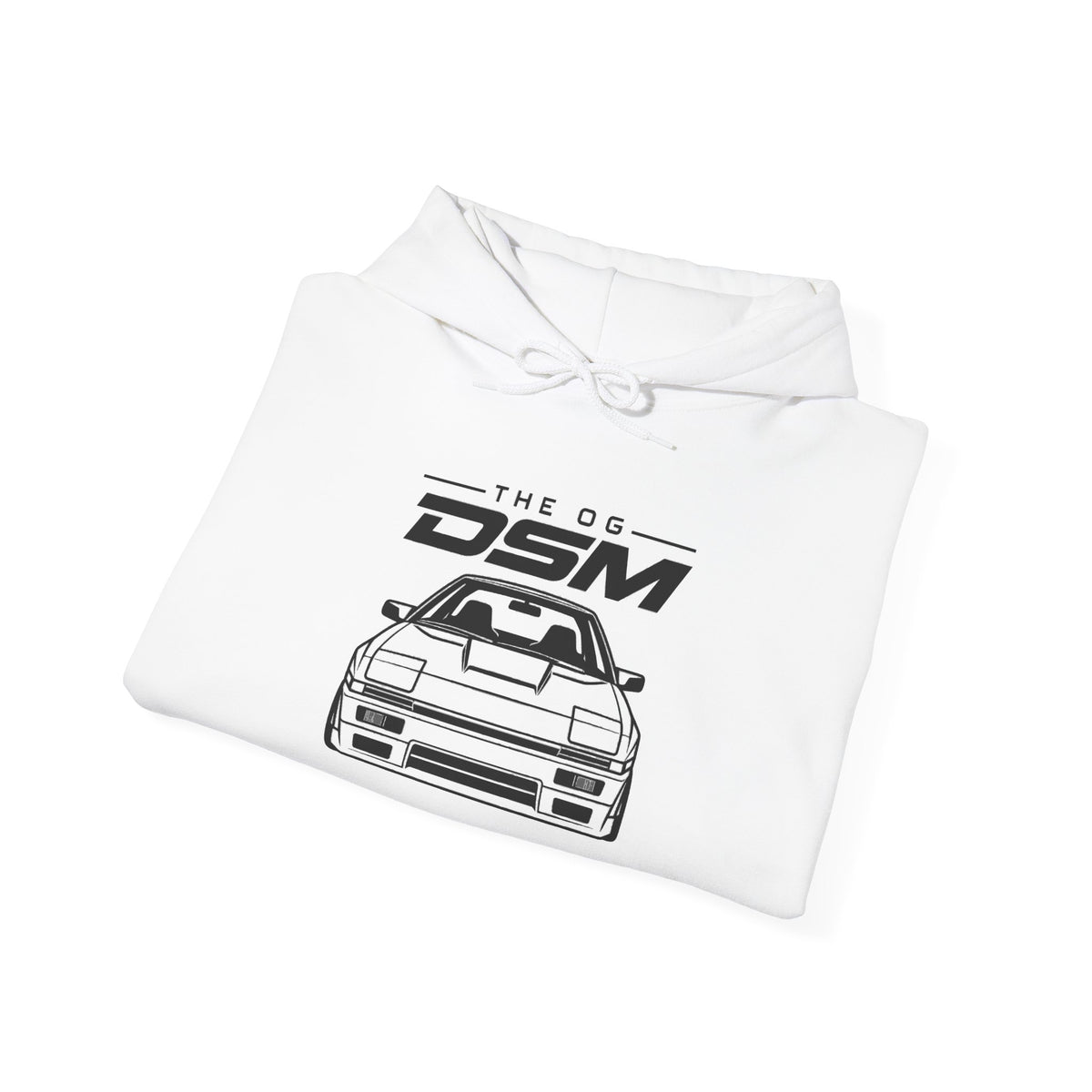 White pullover hoodie folded view with front car logo and drawstring hood.