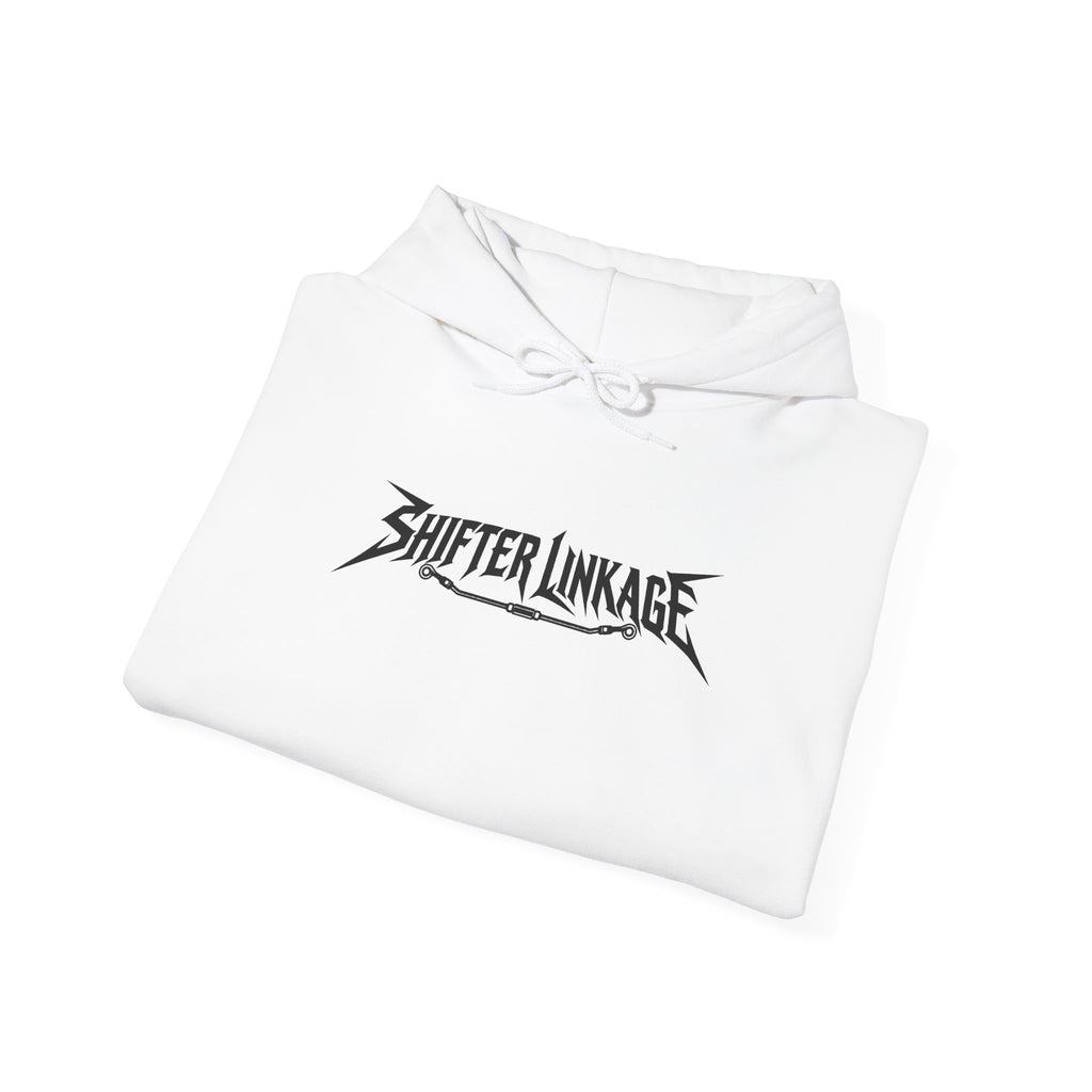 White hoodie folded with Shifter Linkage logo graphic on the front